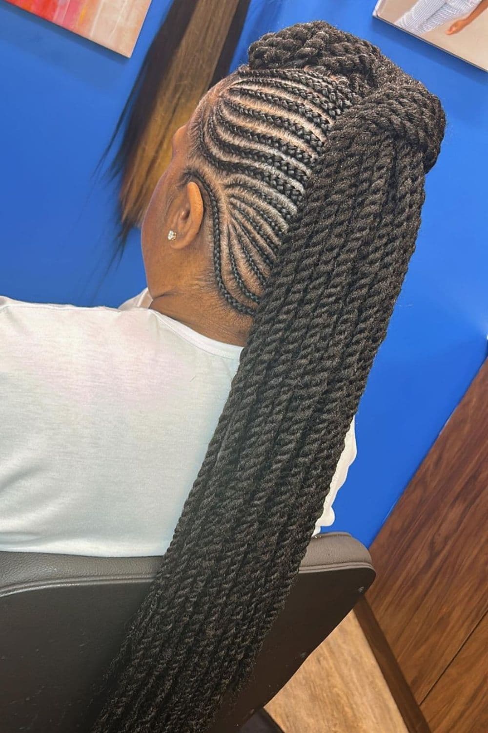 Back view of a woman with a braided mohawk.