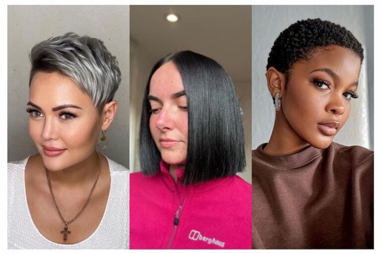 Collage of three women with short haircuts.