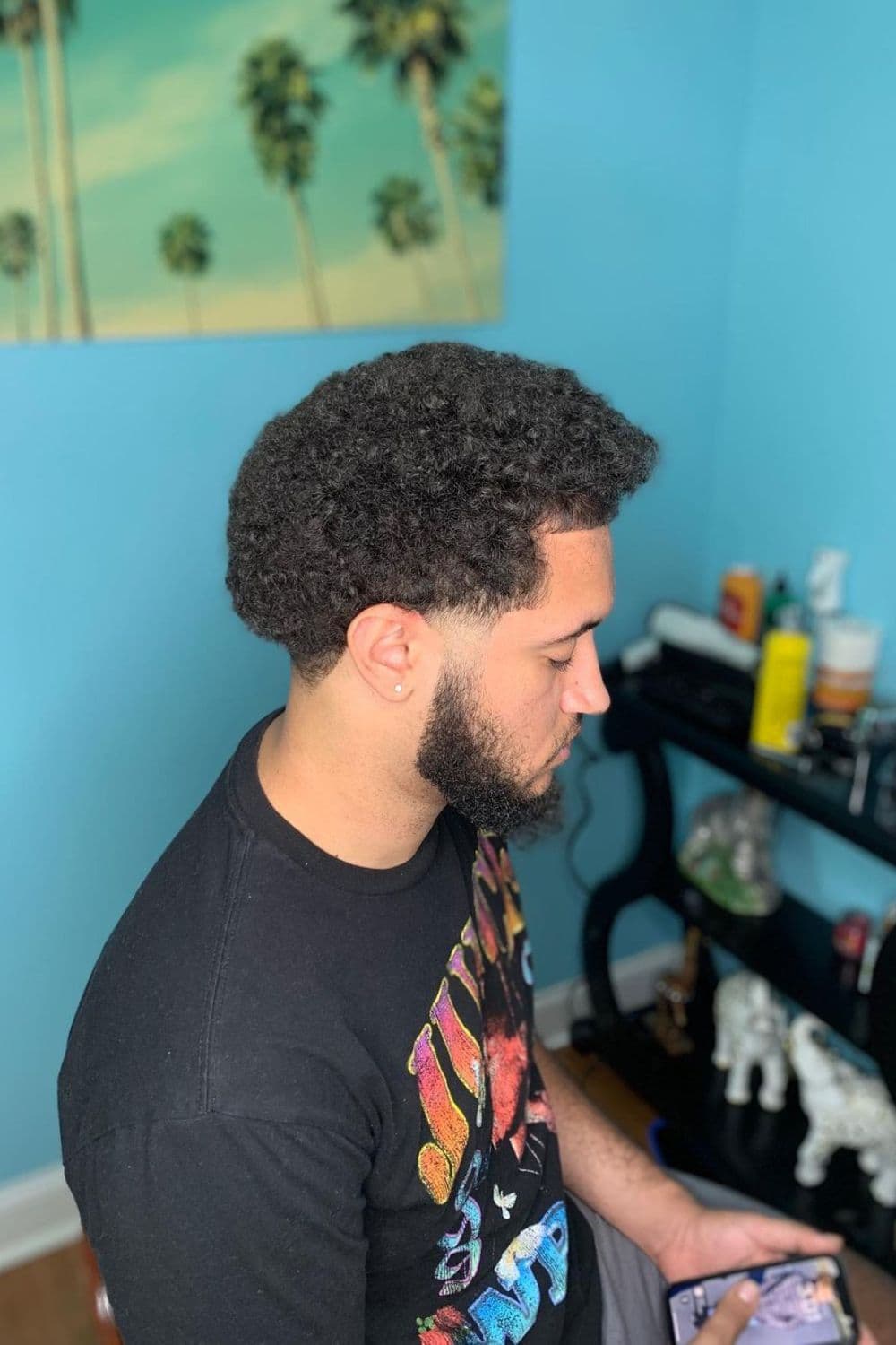 A man with Afro with low taper fade and beard.