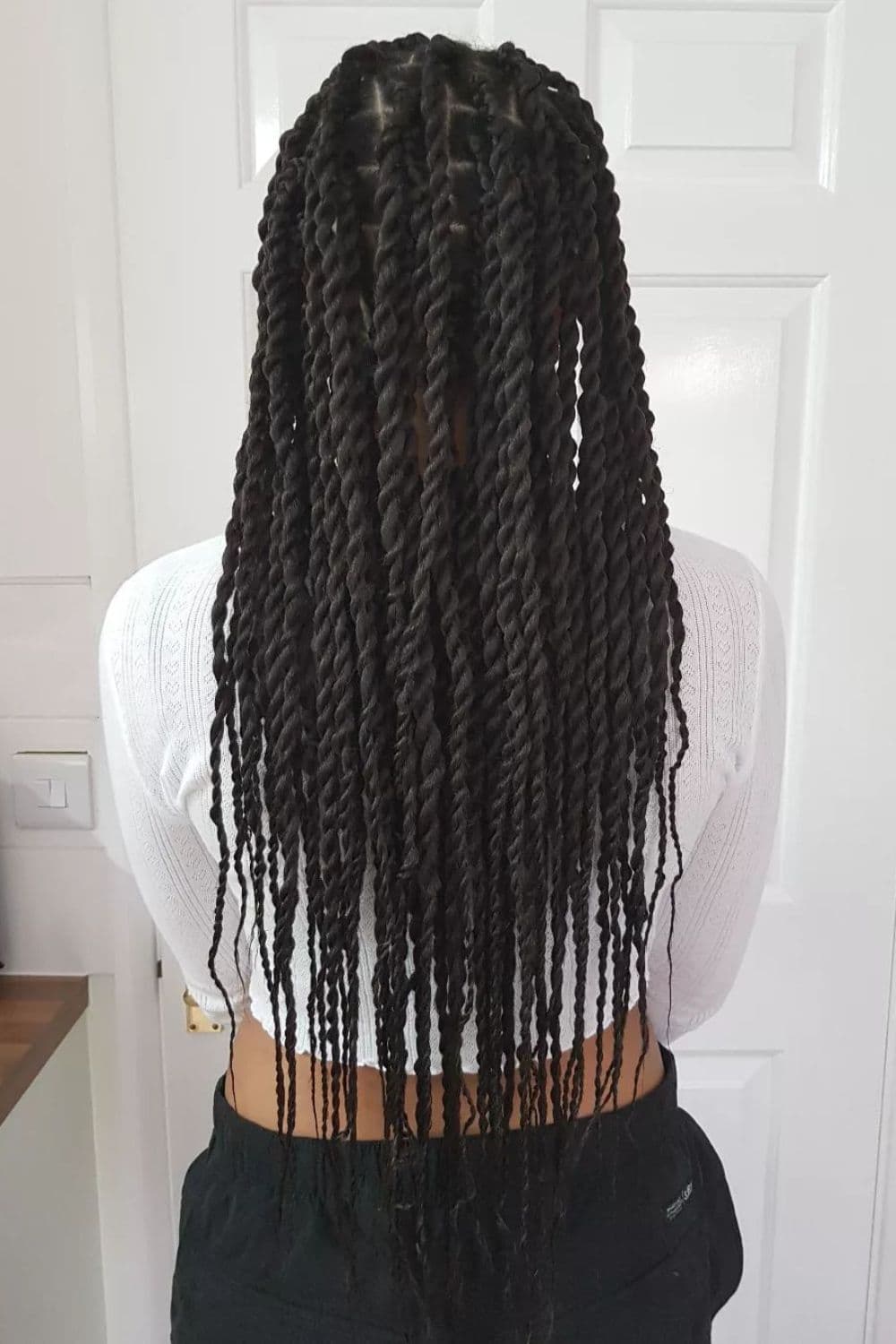 A woman with black box twists hairstyle.