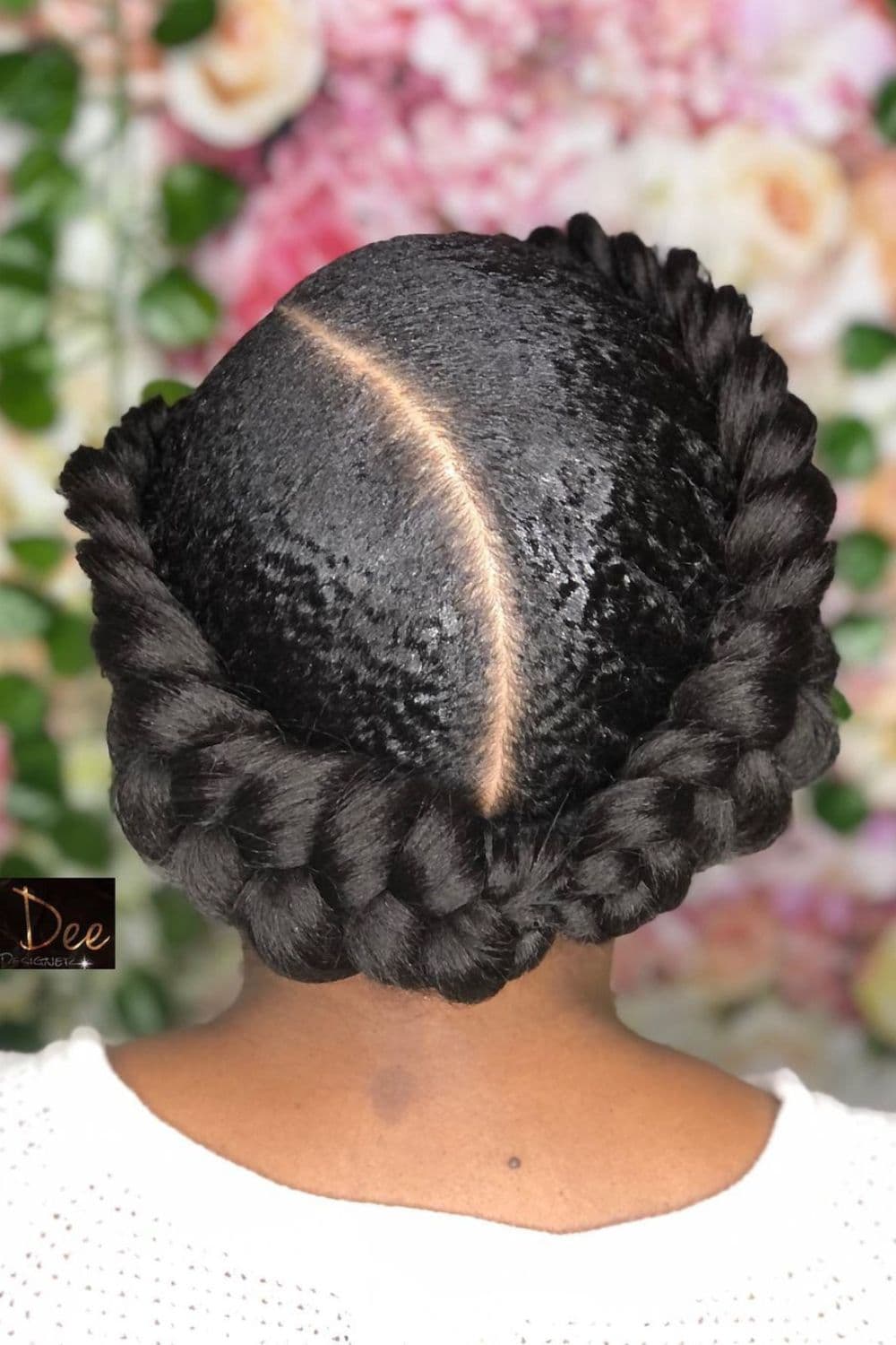 A woman with a butterfly halo braid.