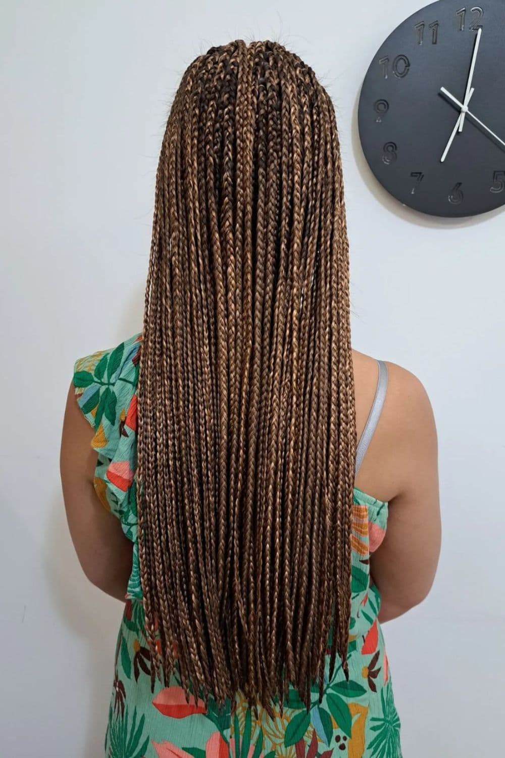 The back of a woman with chocolate to honey brown medium box braids.