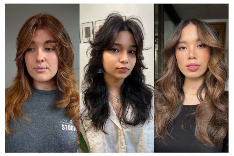Collage of three women with long front-layered haircuts.