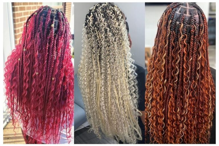 Collage of three women with goddess braids with color.
