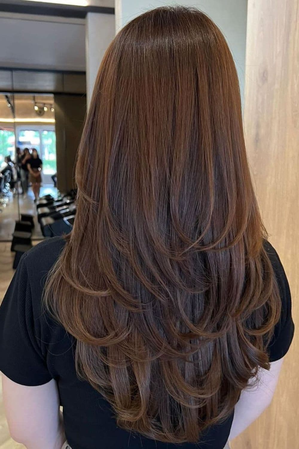 A woman's back with a brown long straight layer.