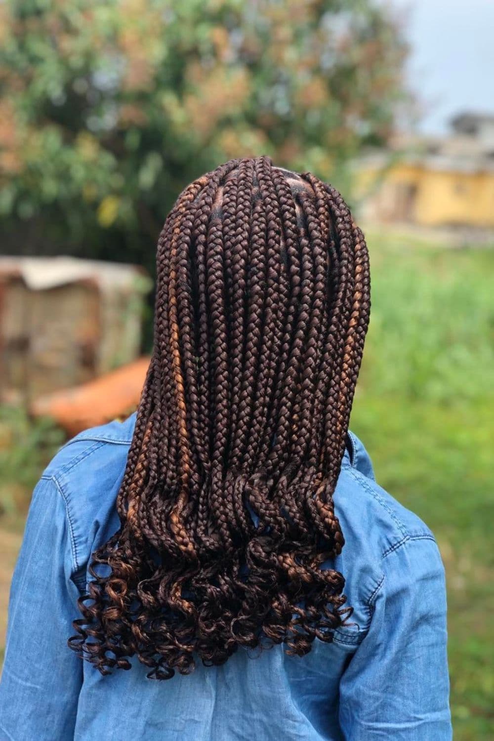 Back of a woman with medium length box braids with curly ends.