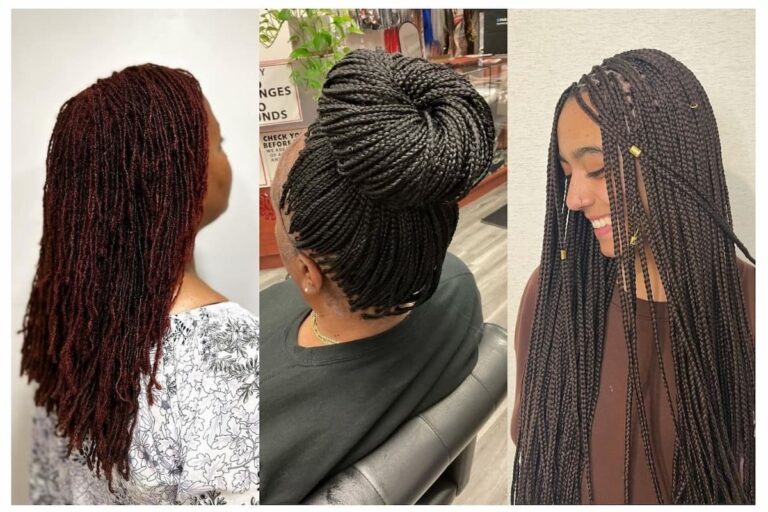 Collage of three women with mini braid hairstyles.