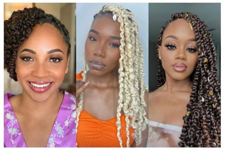 Collage of three women with passion twist hairstyles.