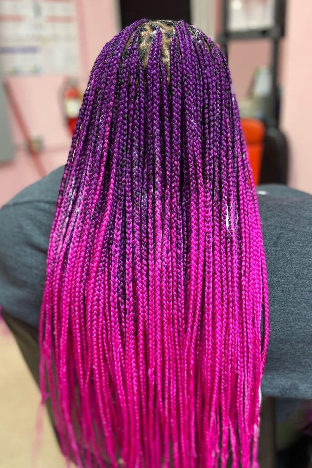 Back of a woman with pink and purple knotless braids.