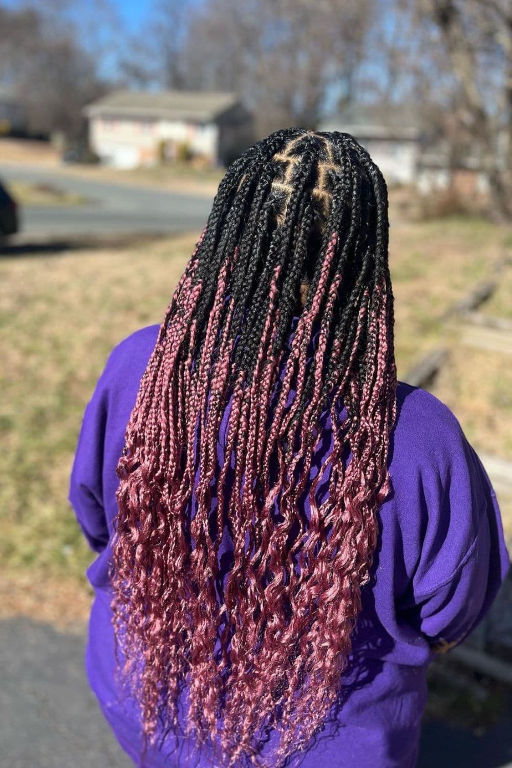 A woman in a purple sweater with black and burgundy two-toned braids with curly ends.