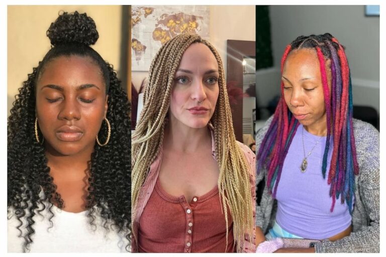 Collage of three women with crochet braid hairstyles.