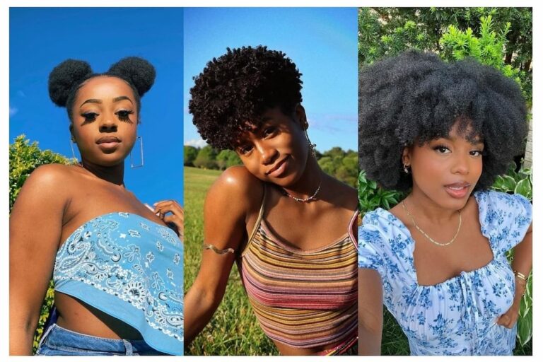 Collage of three women with 4C curls hairstyles.