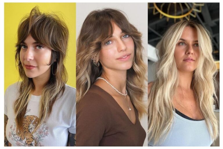 Collage of three women with long hairstyles for round faces.