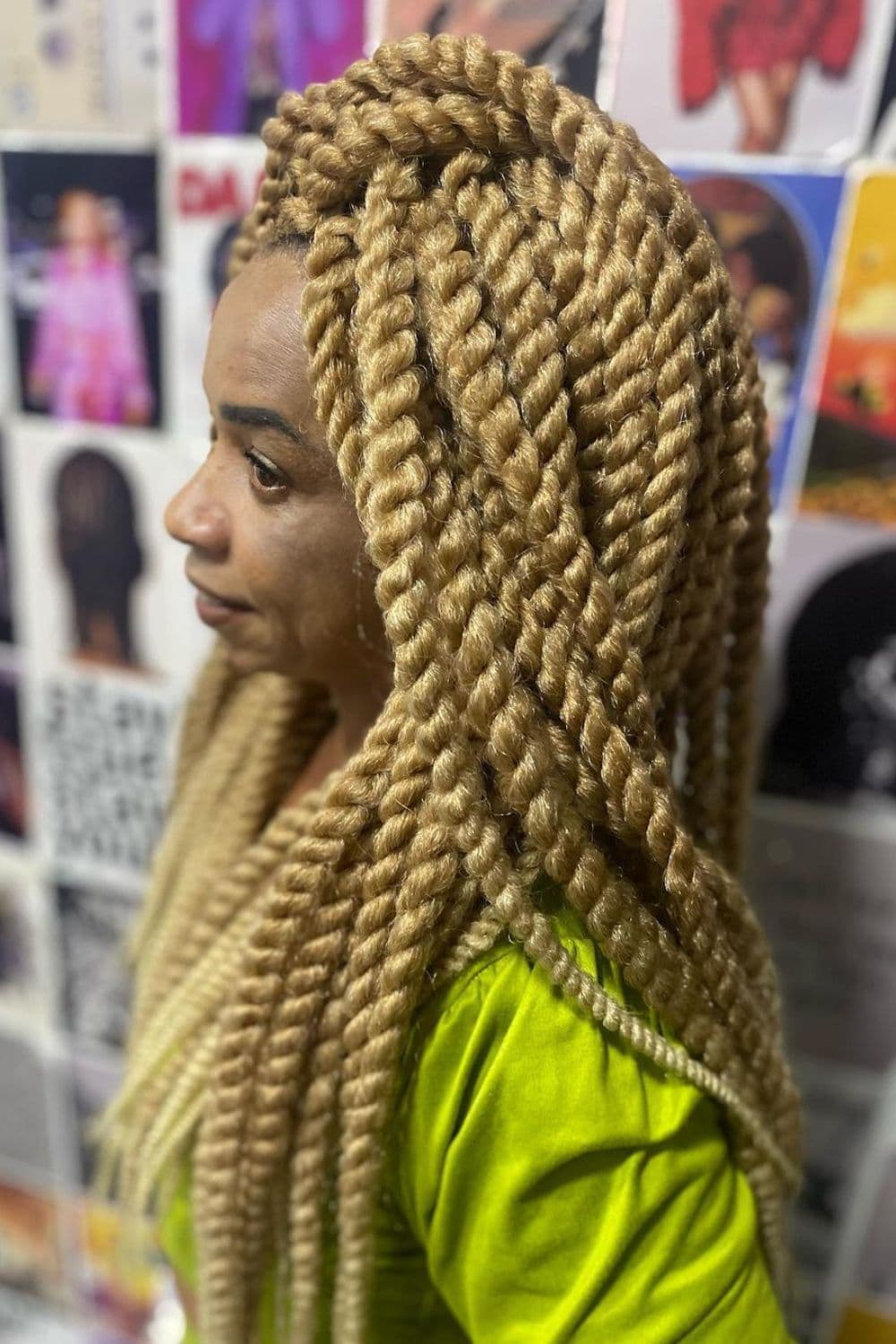 A woman with blonde mambo braids.