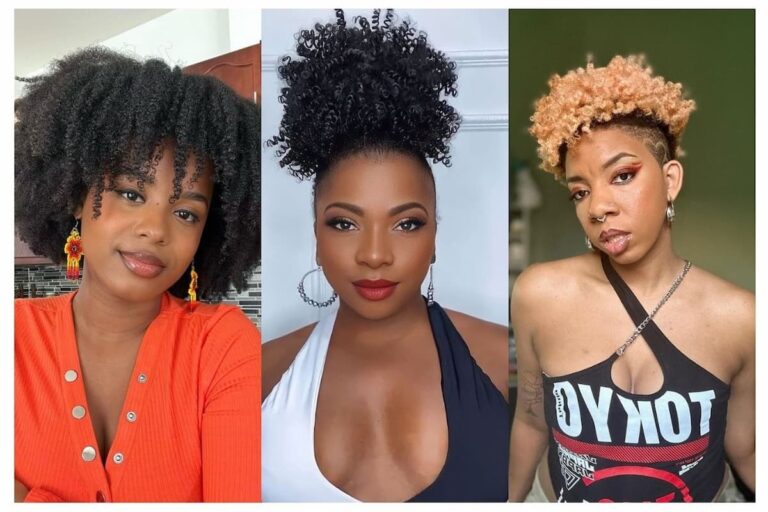 Collage of three women with short 4C hairstyles.