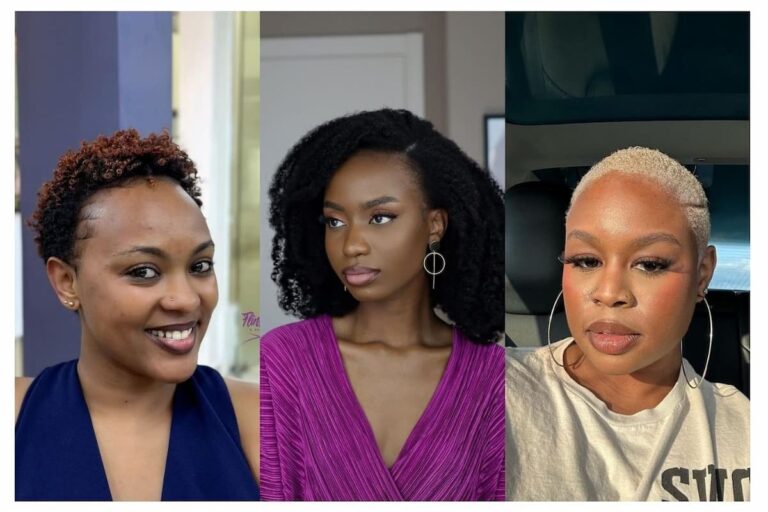Collage of three black women with different short hairstyles.