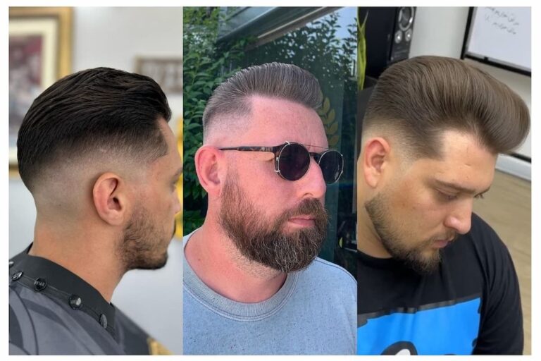 Collage of three men with slicked-back hairstyles.