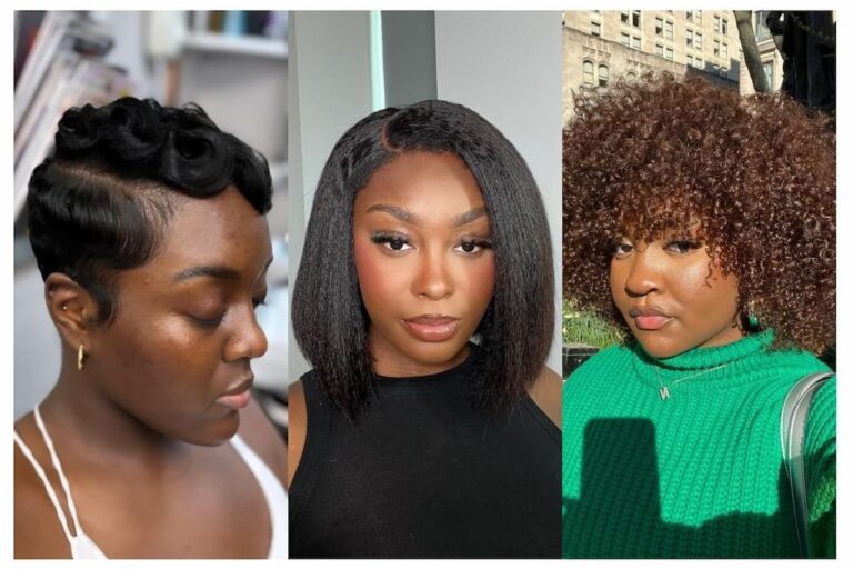 Collage of three women with 4C haircuts.