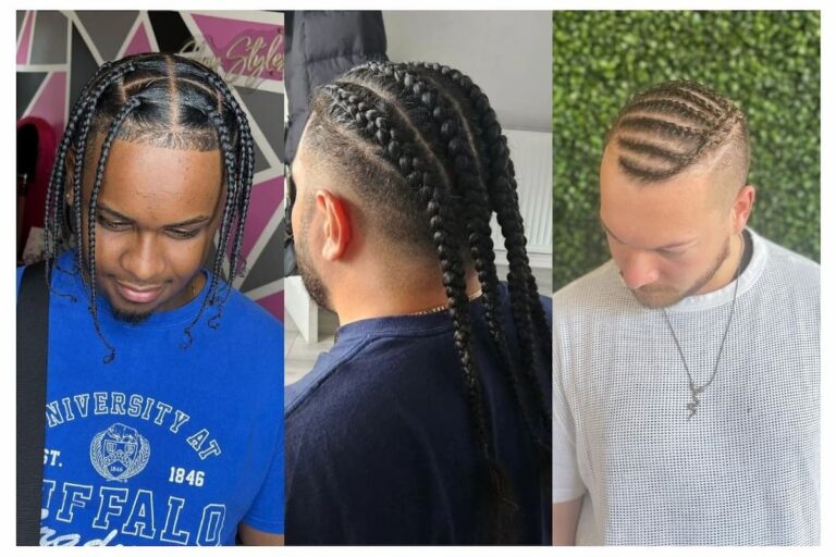 Collage of three men with different braid hairstyles.