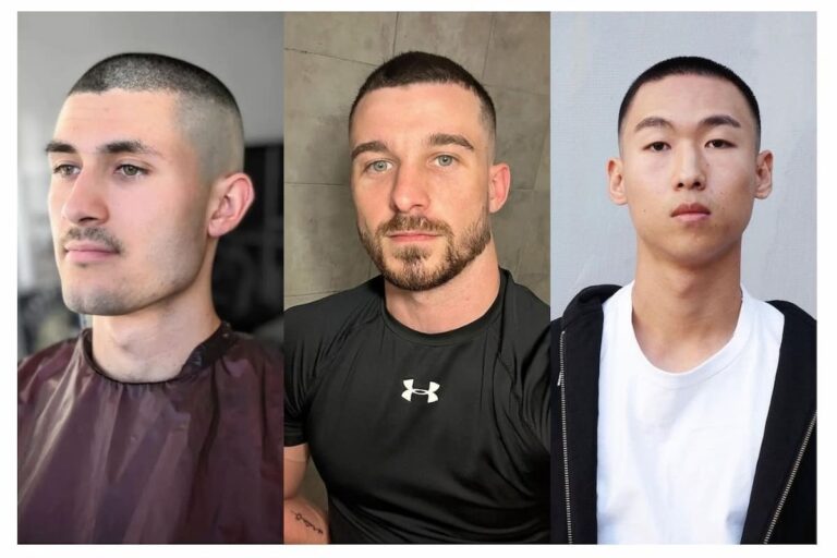 Collage of three men with buzz cuts.