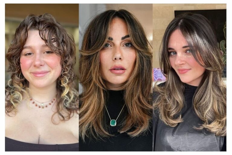 Collage of three women with curtain bangs hairstyles.