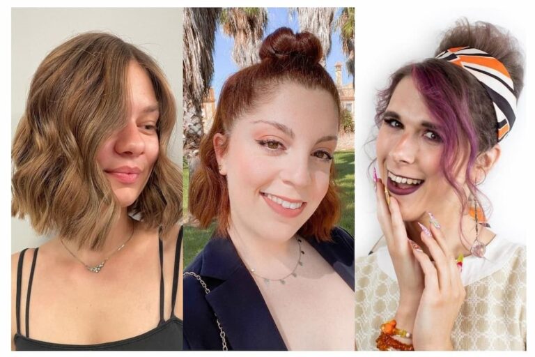 Collage of three women with easy and cute hairstyles for short hair.