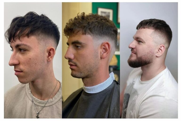 Collage of three men with French crop haircuts.
