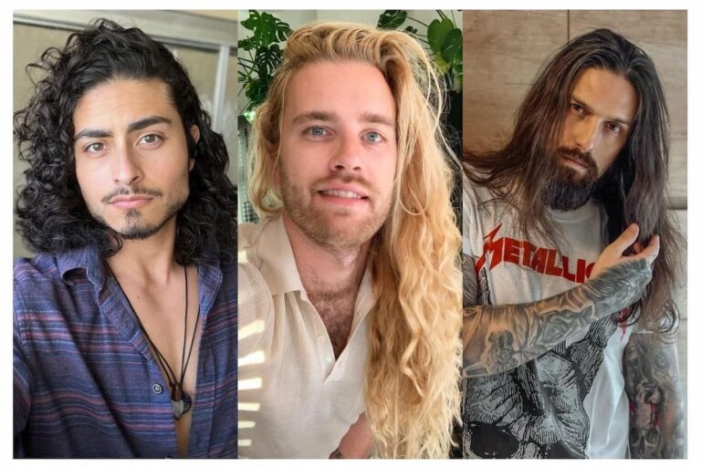 Collage of three men with long hairstyles.