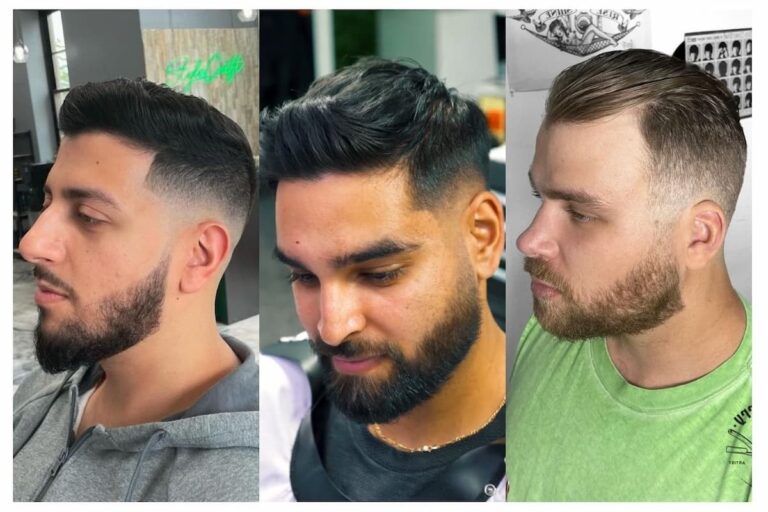 Collage of three men with mid-fade haircuts.