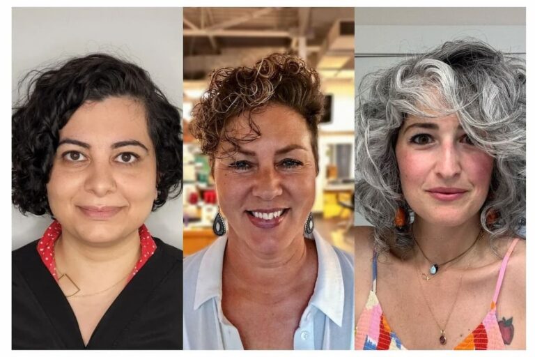 Collage of three older women with short and curly hairstyles.