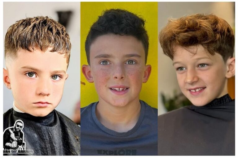 Collage of three boys with different school haircuts.