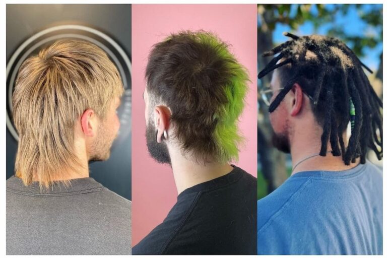Collage of three men with mullet haircuts.