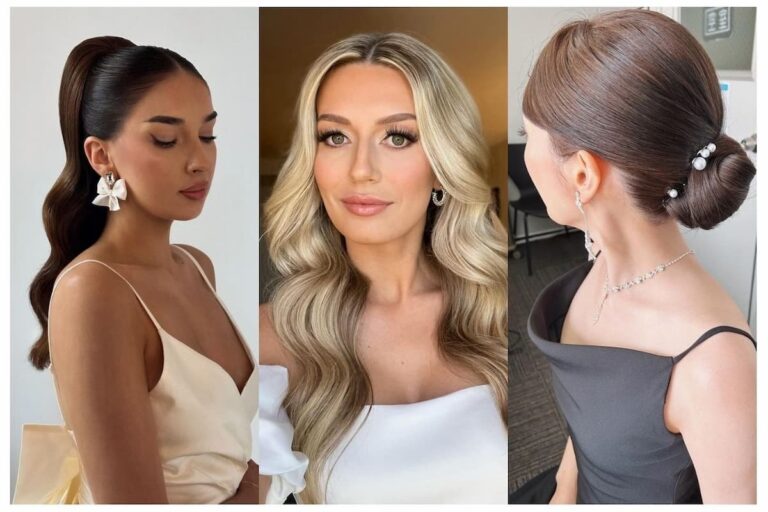 Collage of three women with the best prom hairstyles.