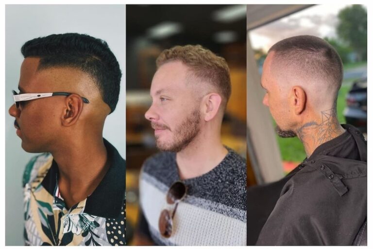 Collage of three men modelling short fade haircuts.