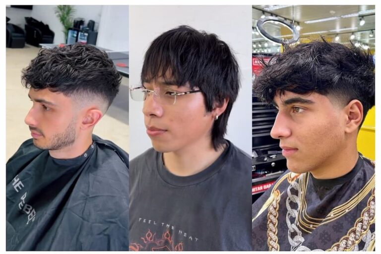 Collage of three men with textured fringe haircuts.