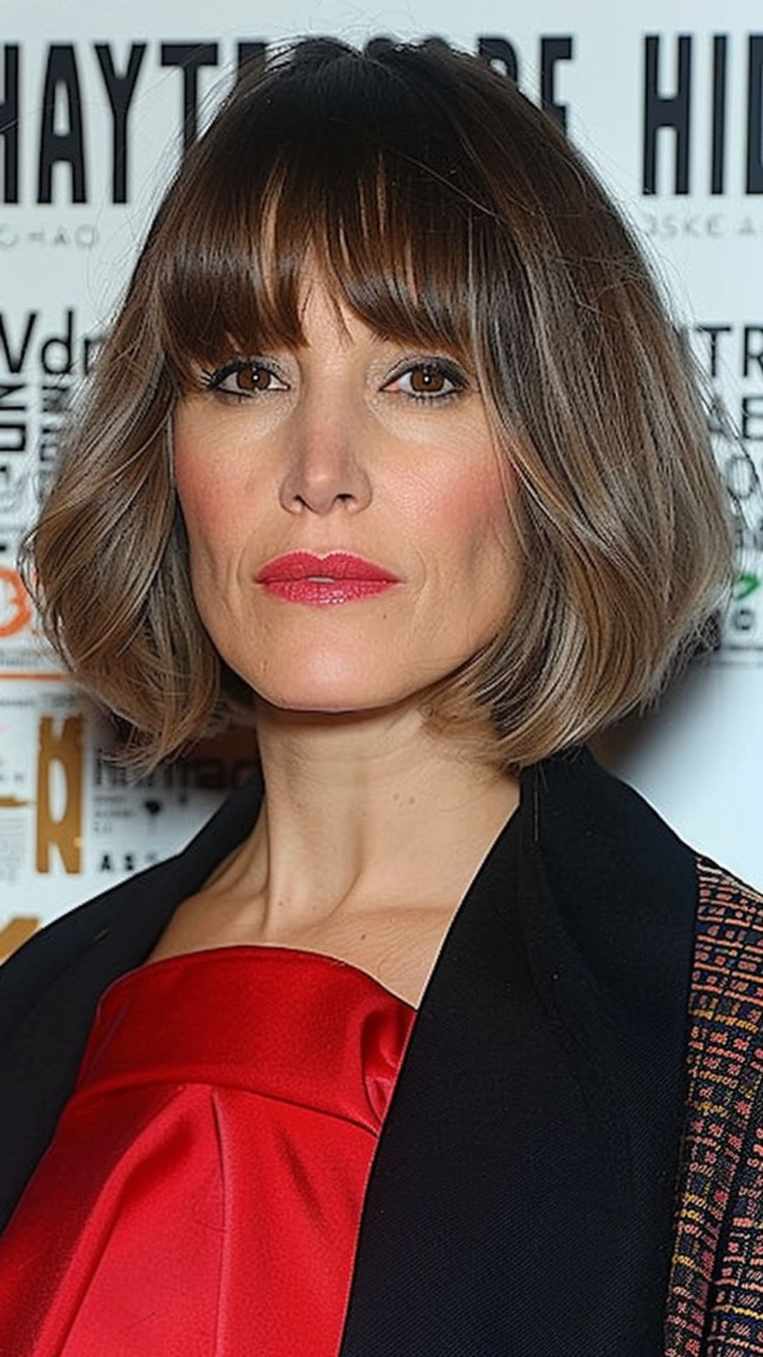 An older woman modelling an arched bangs with bob hairstyle.