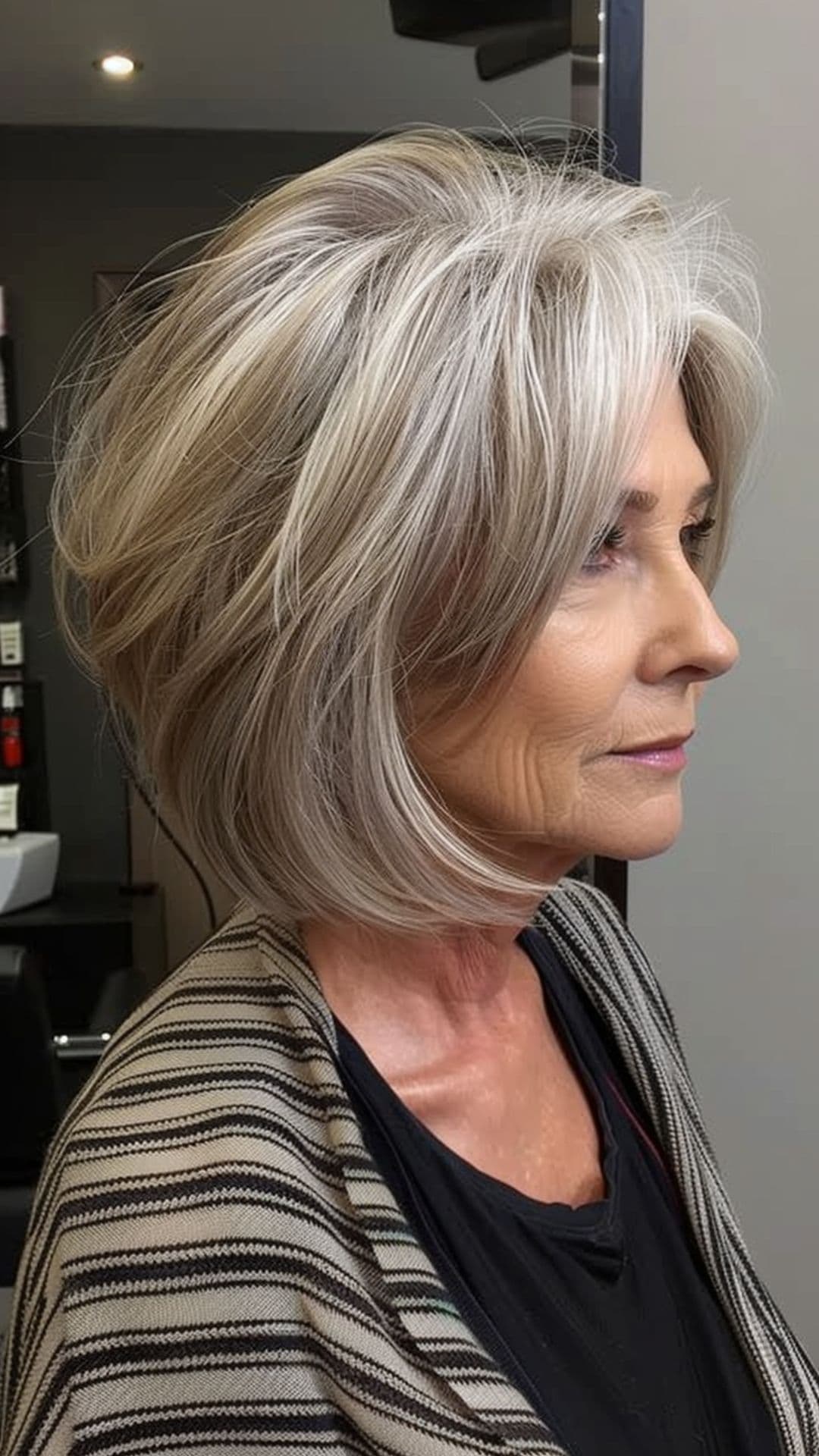 An old woman modelling a short ash blonde hair.
