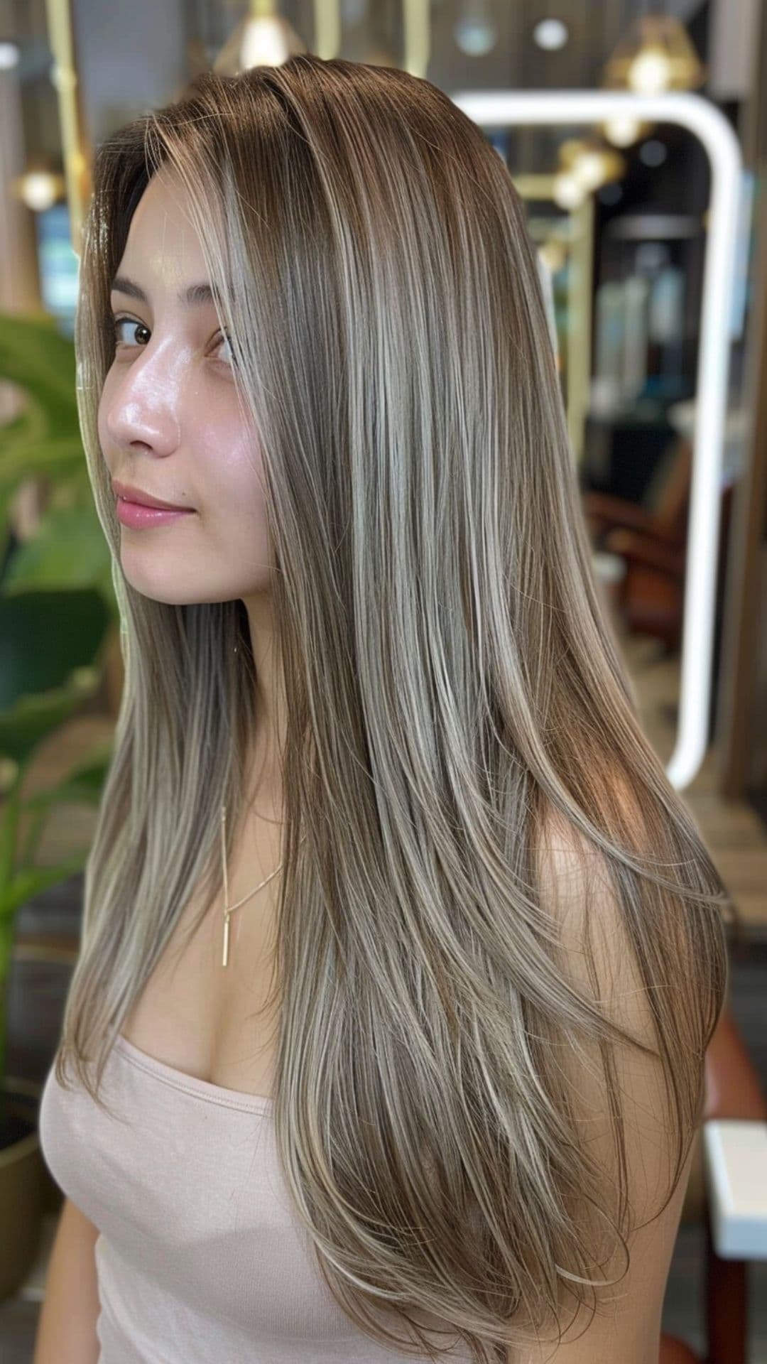 A woman modelling an ash gray balayage hair.
