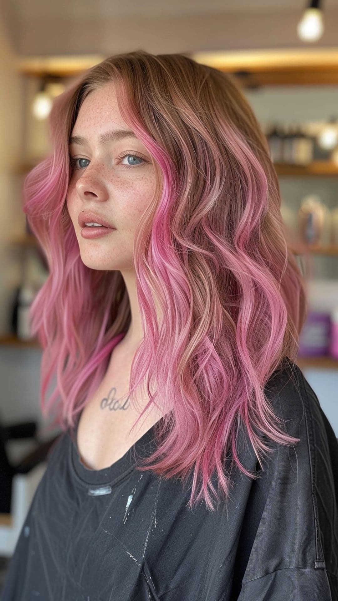 A woman modelling a baby pink balayage hair.