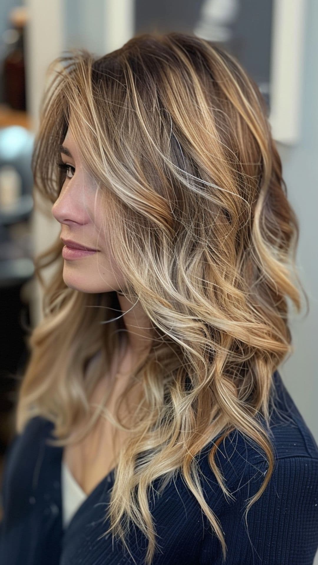 A woman modelling a balayage with soft waves hairstyle.