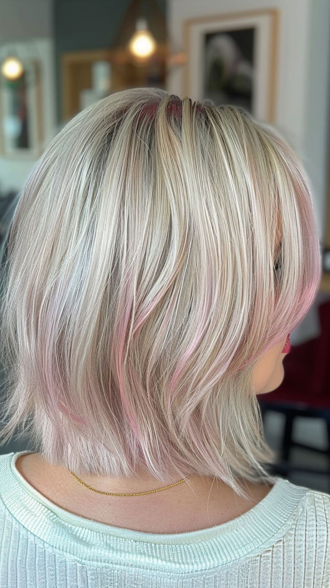 A woman modelling a blonde, silver, and pink highlights blend hair.