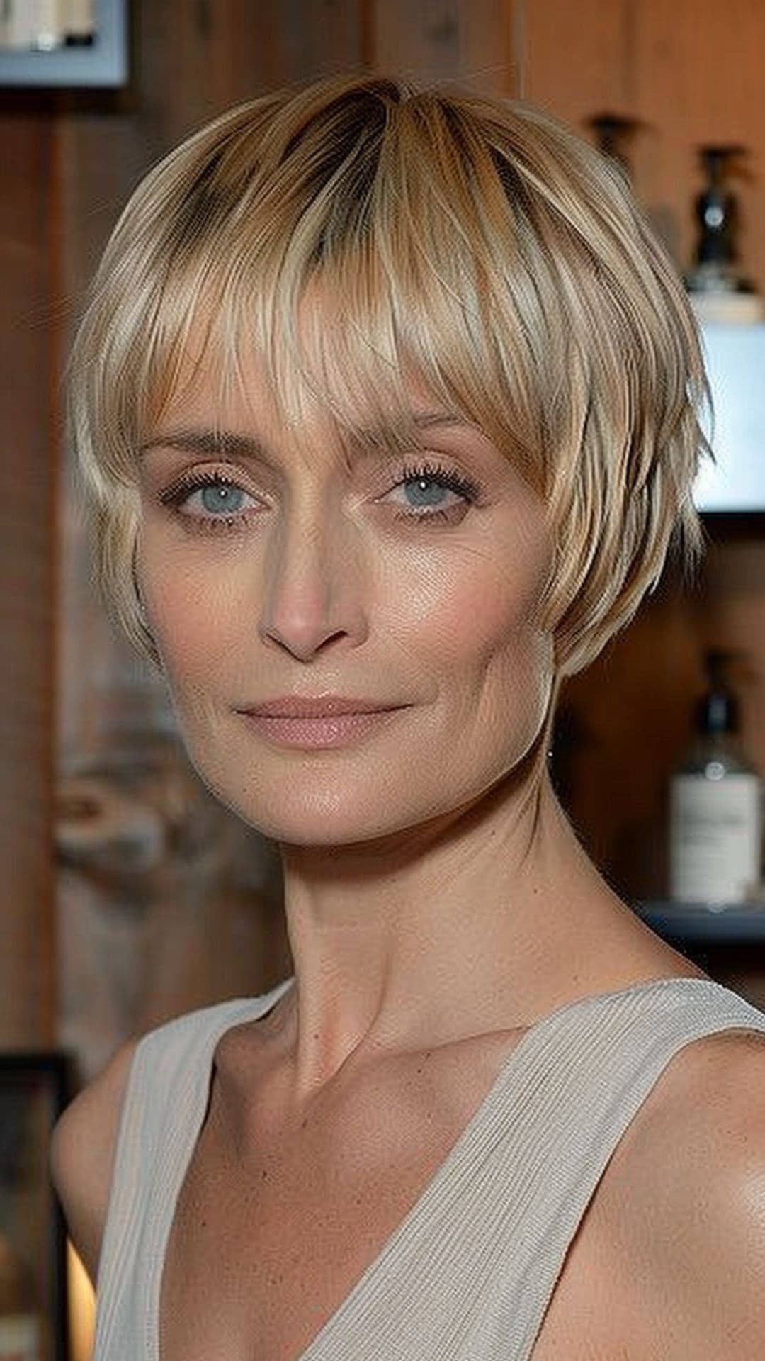 An older woman modelling blunt bangs with pixie cut.
