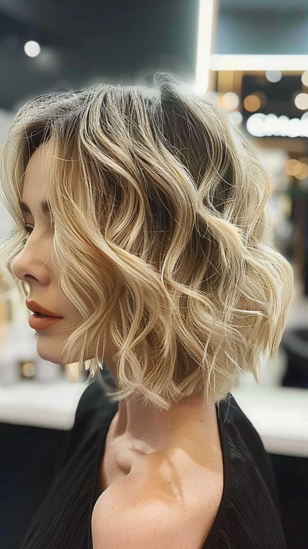 A woman modelling a blunt bob with volume curls.