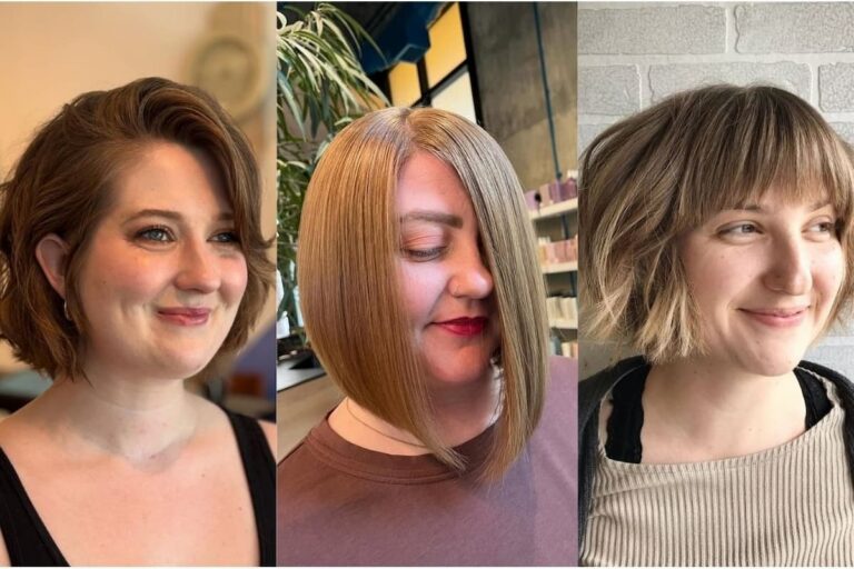 Collage photo of three women with round face modelling the bob haircut.