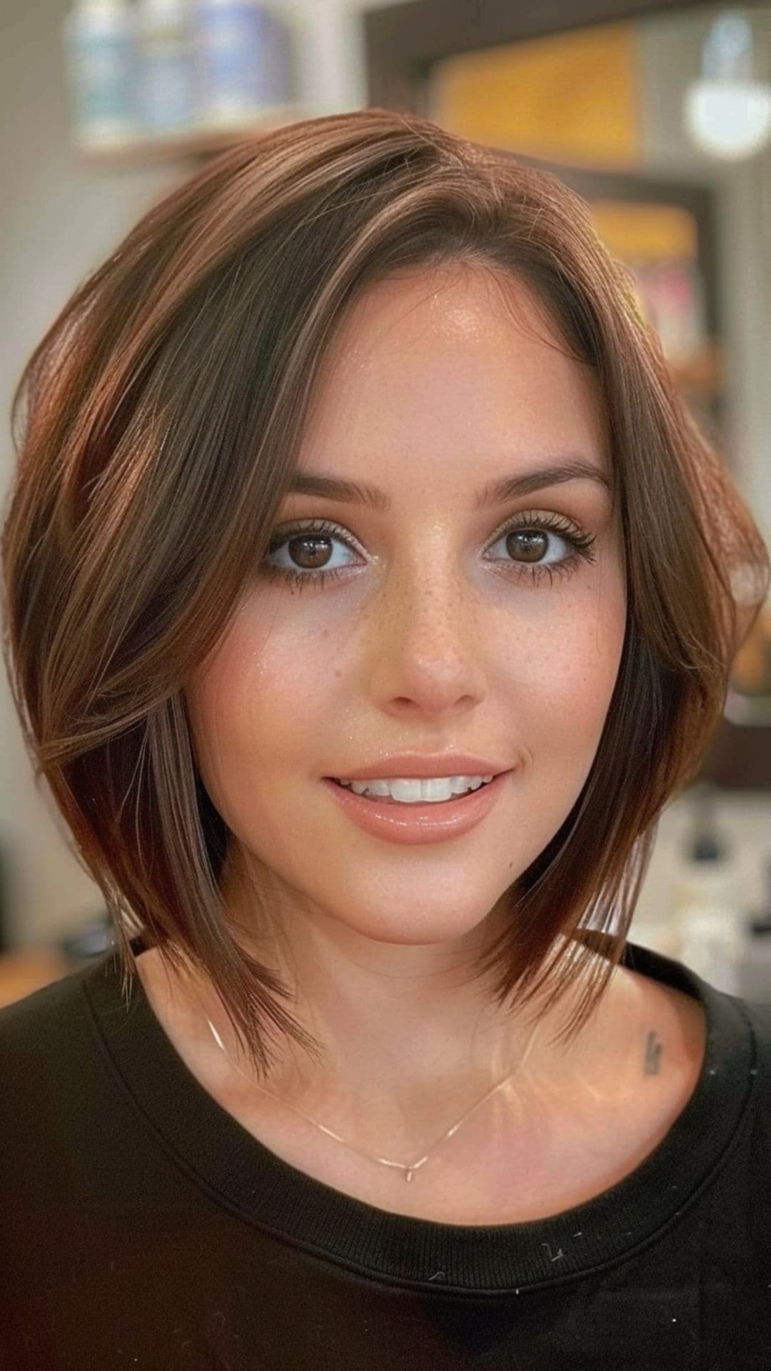 A woman modelling a bob with deep side part haircut.