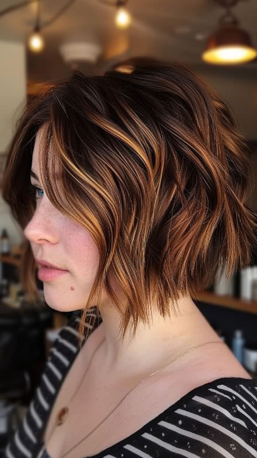 A woman modelling a bob with highlights haircut.
