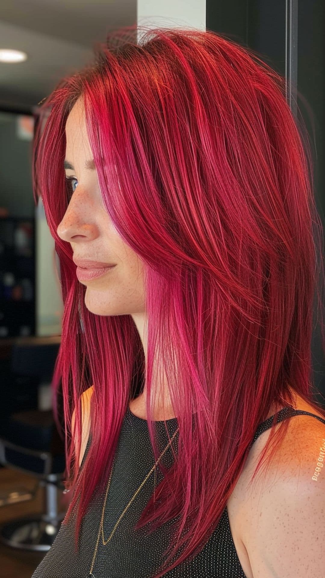 A woman modelling a bright burgundy hair.