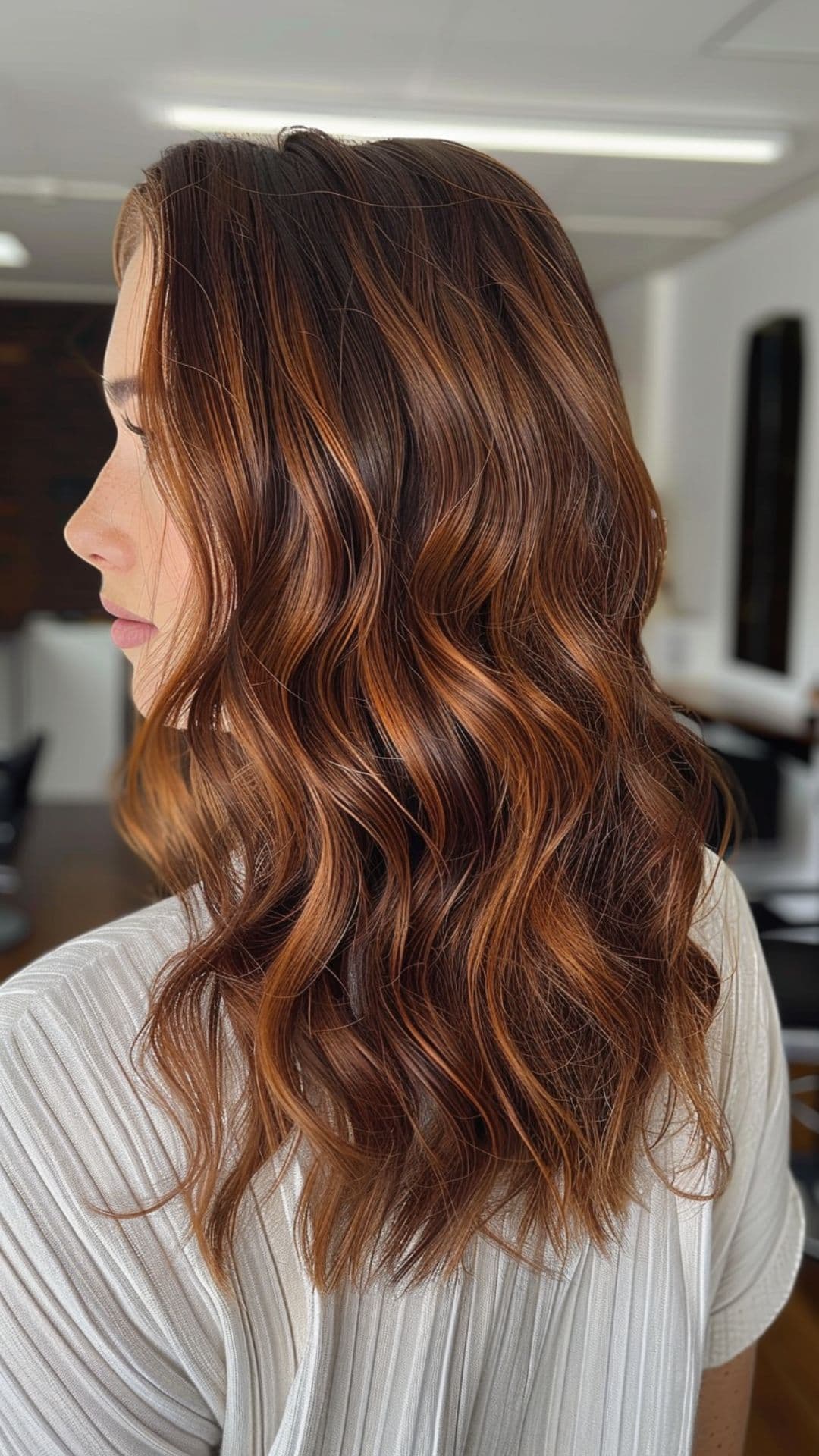 A woman modelling a brown hair with copper balayage hairstyle.