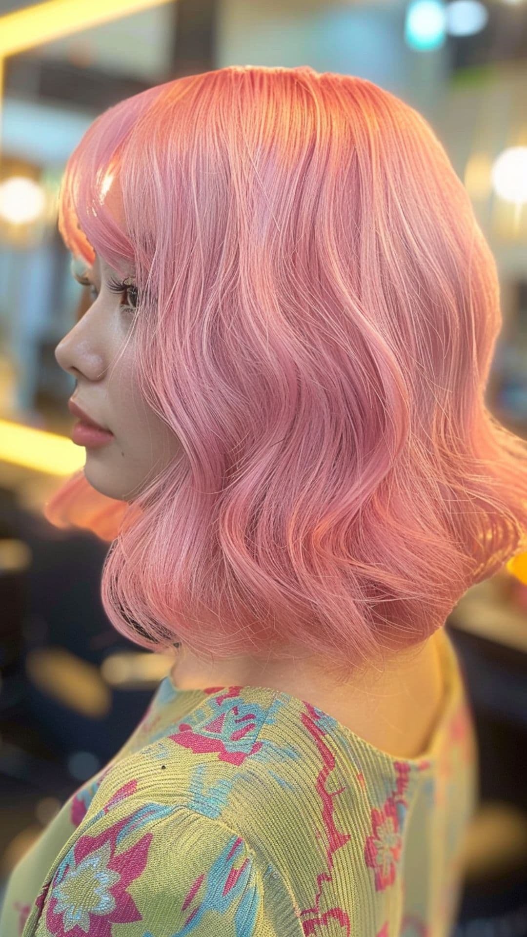 A woman modelling a bubblegum pink lob.