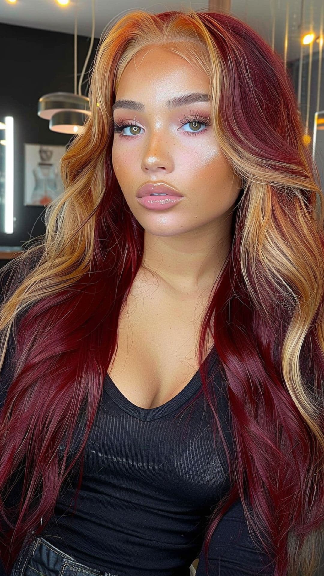 A woman modelling a burgundy red waves with a blonde money pieces.